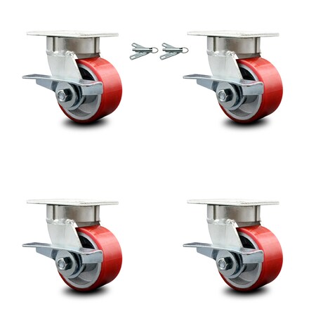 Service Caster 4 Inch Kingpinless Red Poly on Steel Wheel Caster Brakes 2 Swivel Locks, 4PK SCC-KP30S420-PUR-RS-SLB-BSL-2-SLB-2